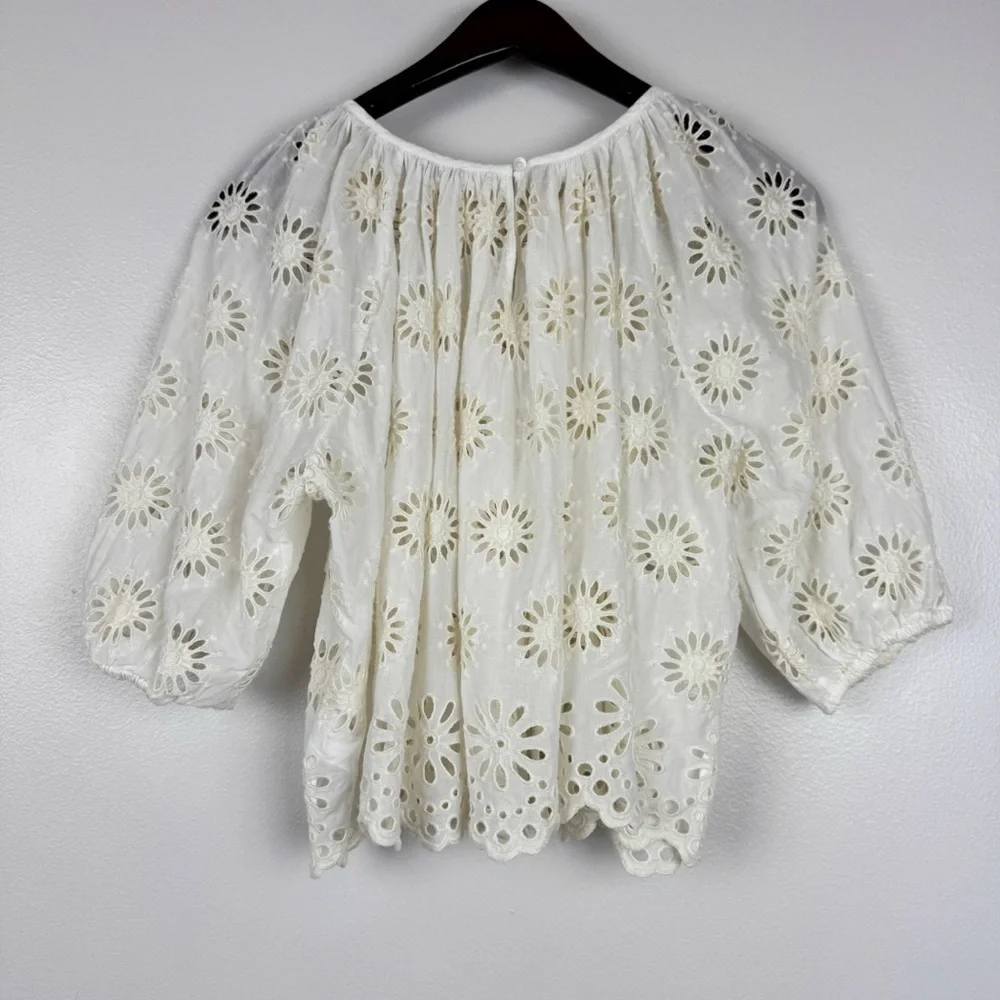 Madewell Embroidered Floral Cutouts Shirred Puff-Sleeve Top Cream Size XXS NWT